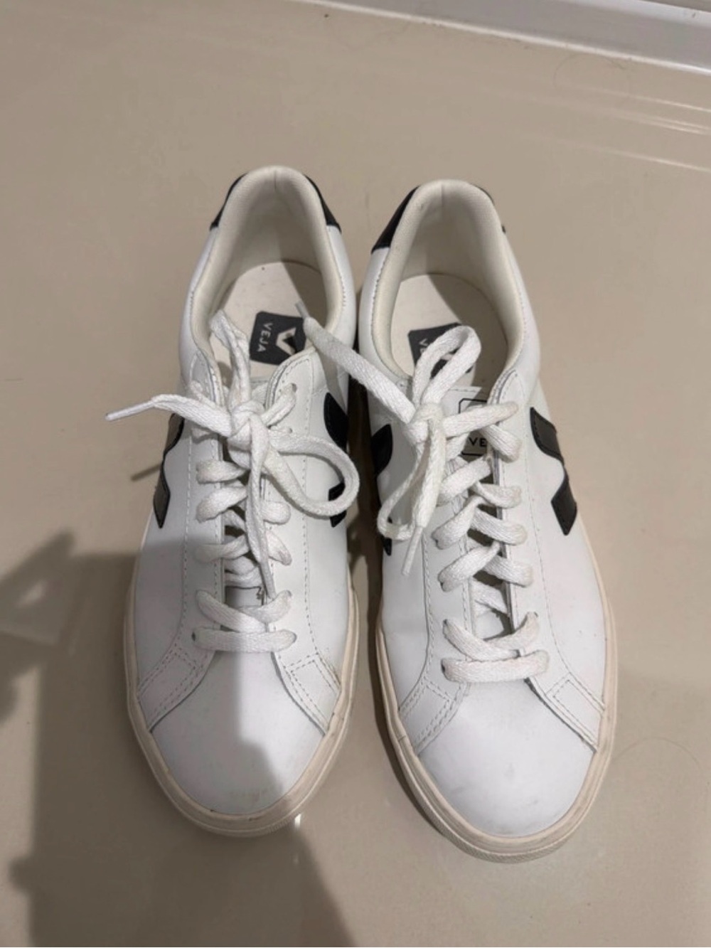 Veja Women's White Leather Sneakers with Black V Logo